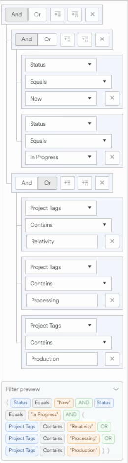 Filter options for project status and tags including New, In Progress, Relativity, Processing, Production.